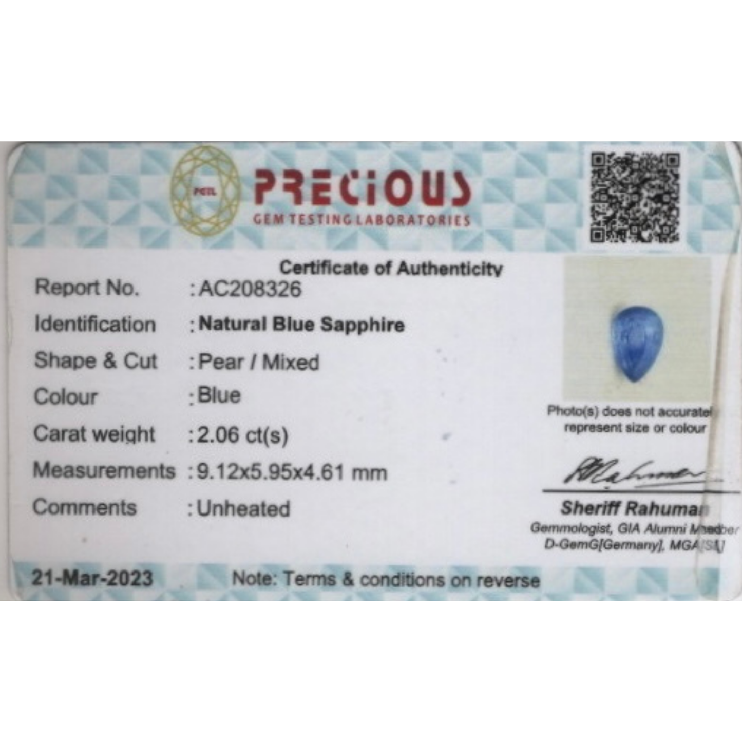 Blue Sapphire - Blue (Un-Heated) 2.06Ct