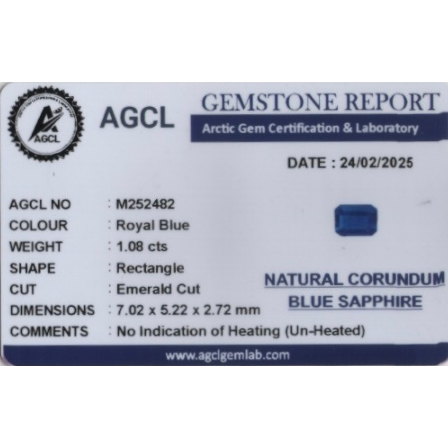 Blue Sapphire - Royal Blue (Un-Heated) 1.08Ct