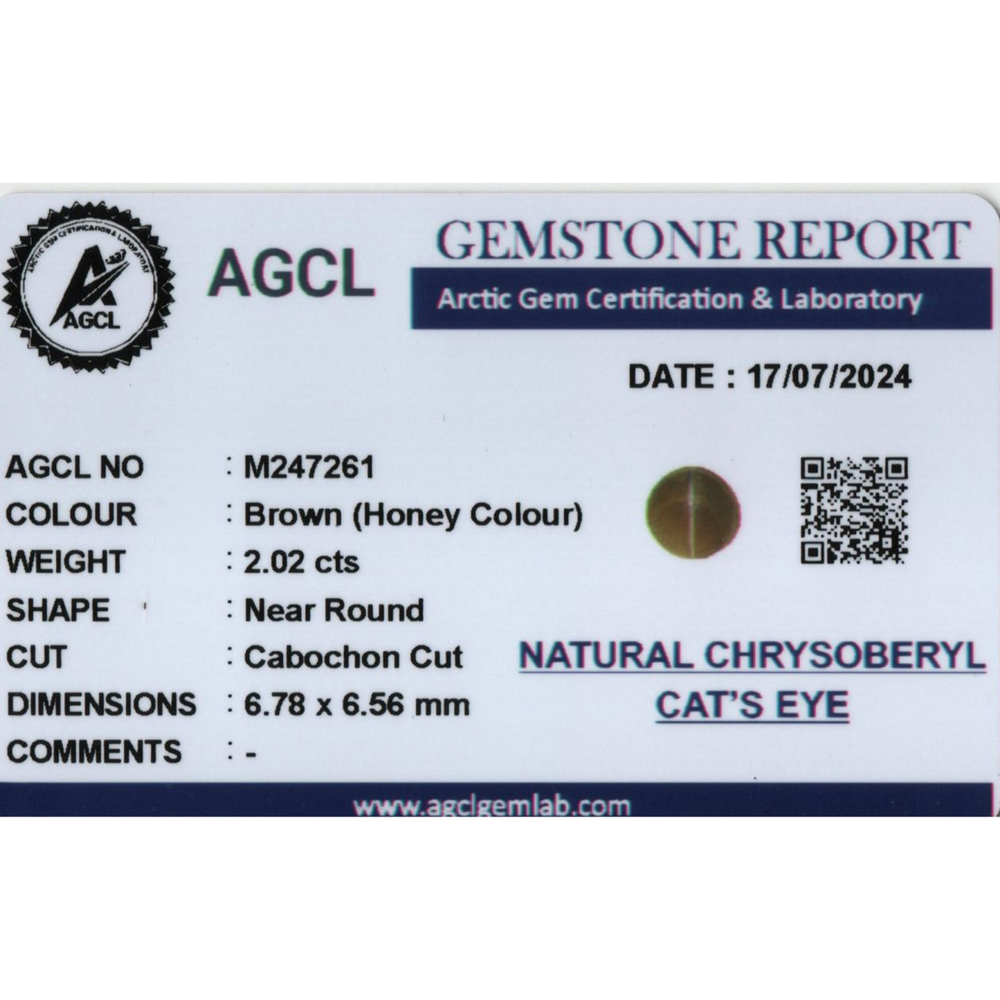 Chrysoberyl Cat's Eye - (Un-Heated) Brown Honey 2.02Ct
