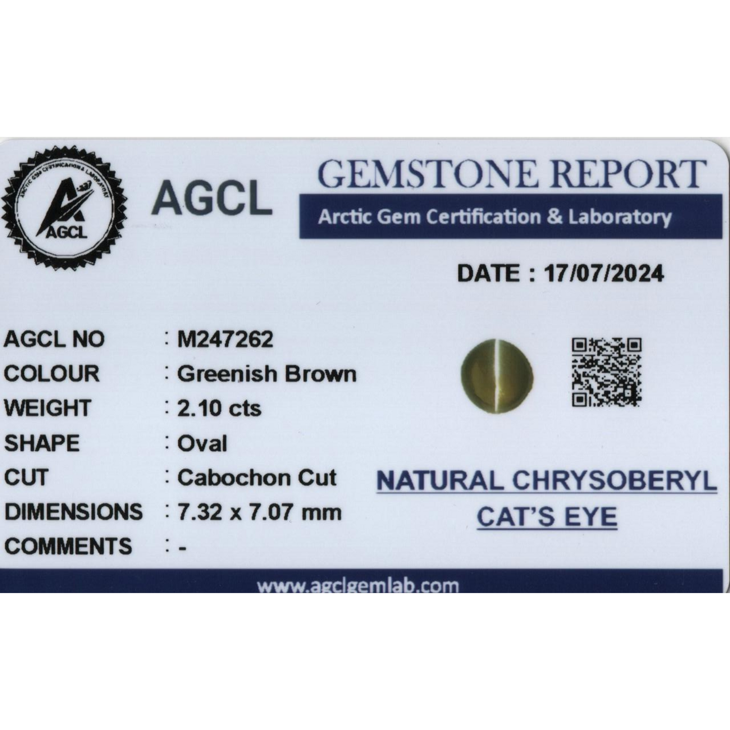Chrysoberyl Cat's Eye - (Un-Heated) Greenish Brown 2.10Ct