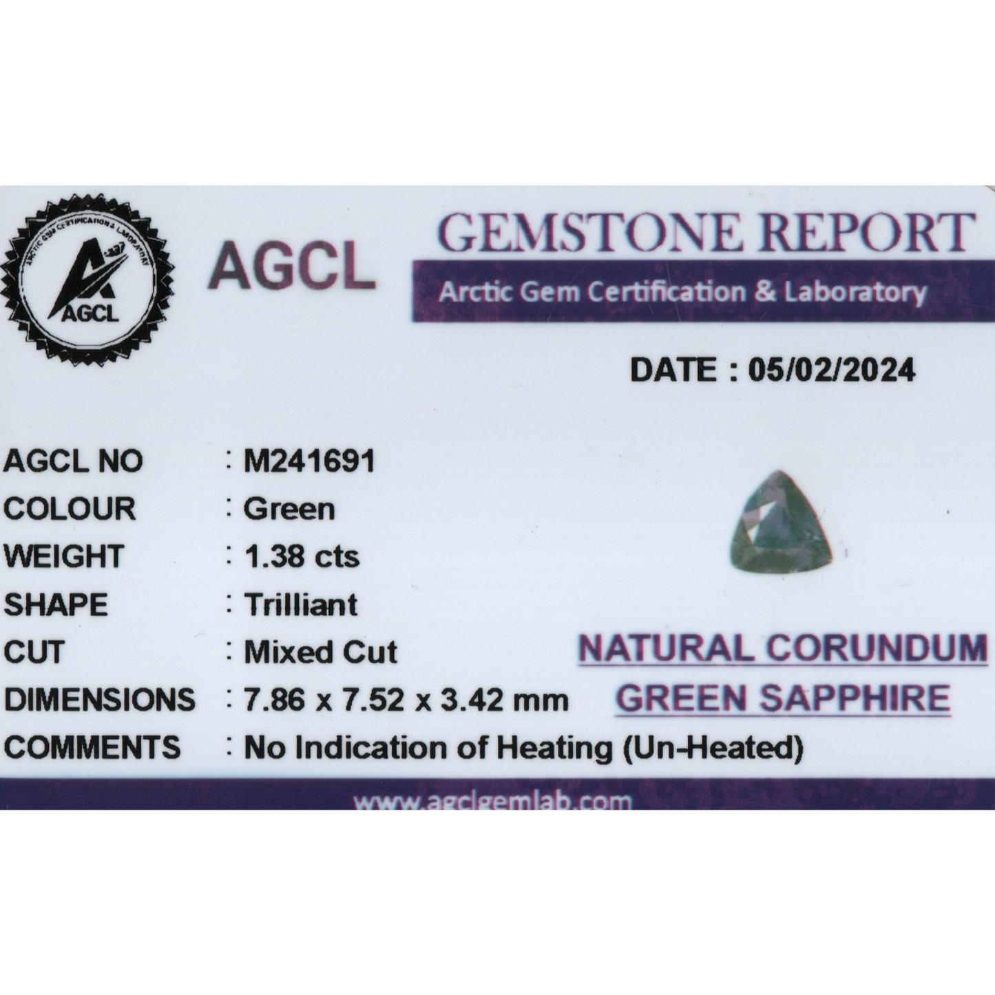 Green Sapphire - (Un-Heated) Green 1.38Ct