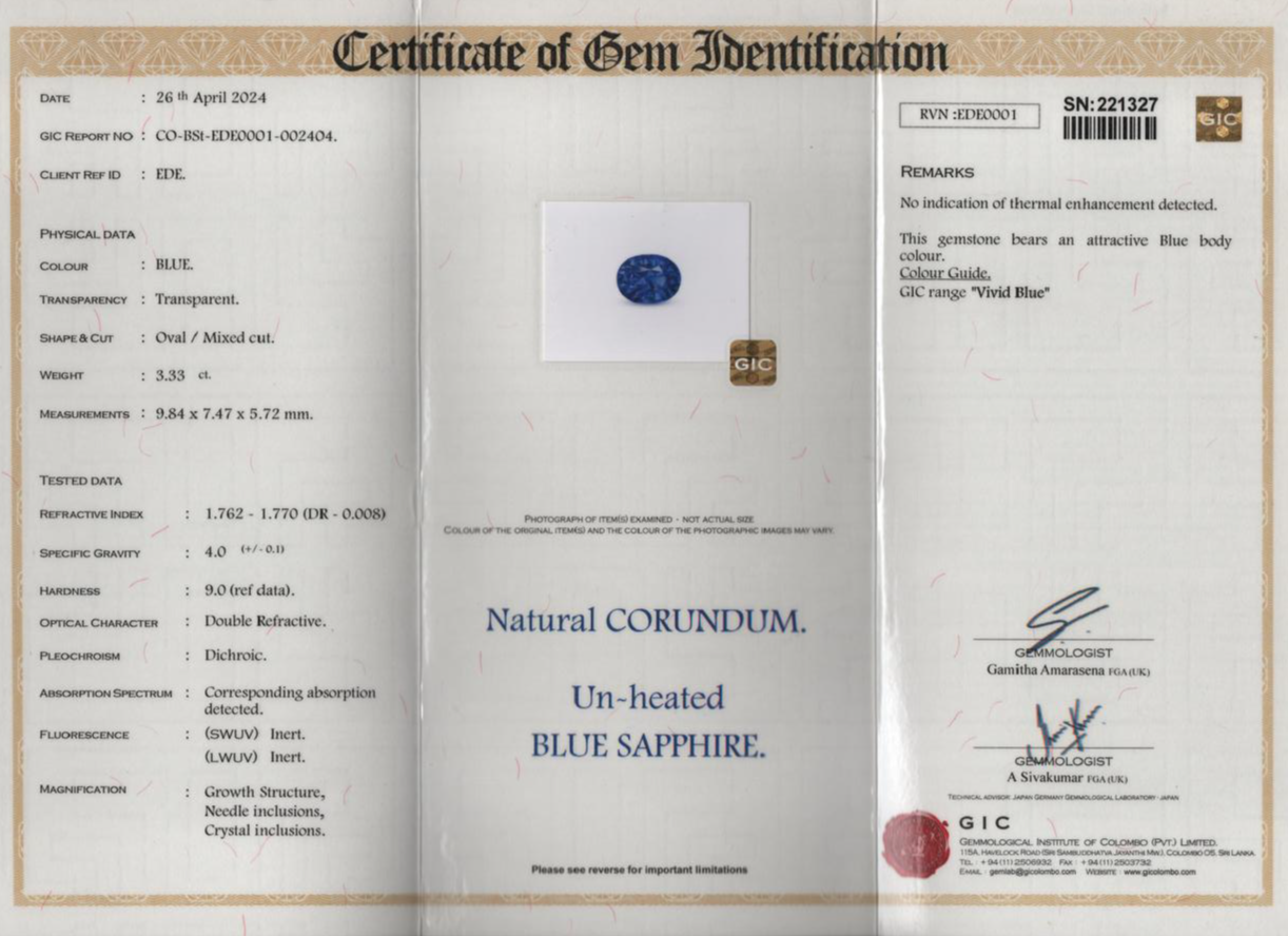 Blue Sapphire - Vivid Blue (Un-Heated) 3.33Ct