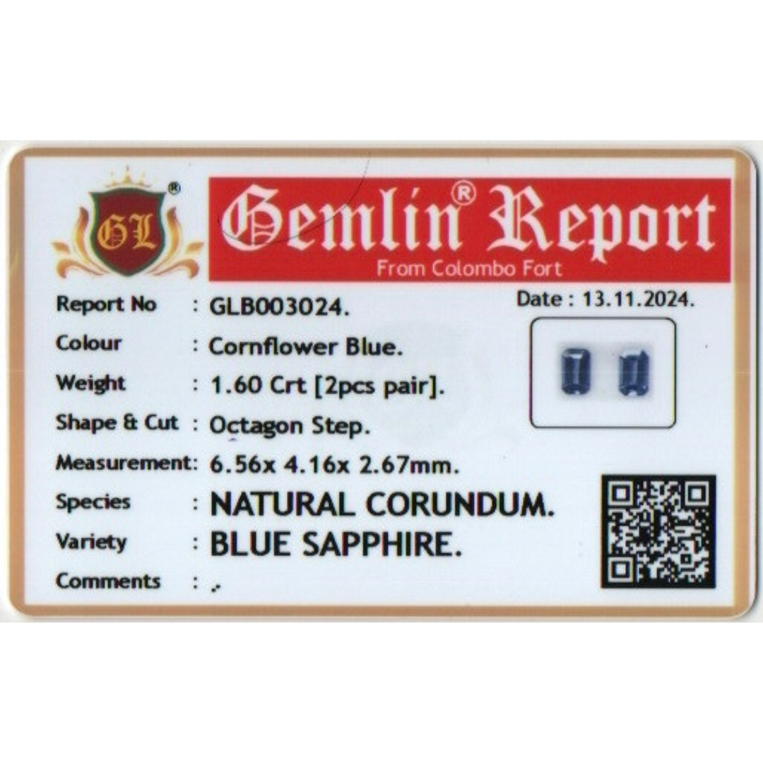 Blue Sapphire - Cornflower Blue 1.60Ct (2 pcs pair)