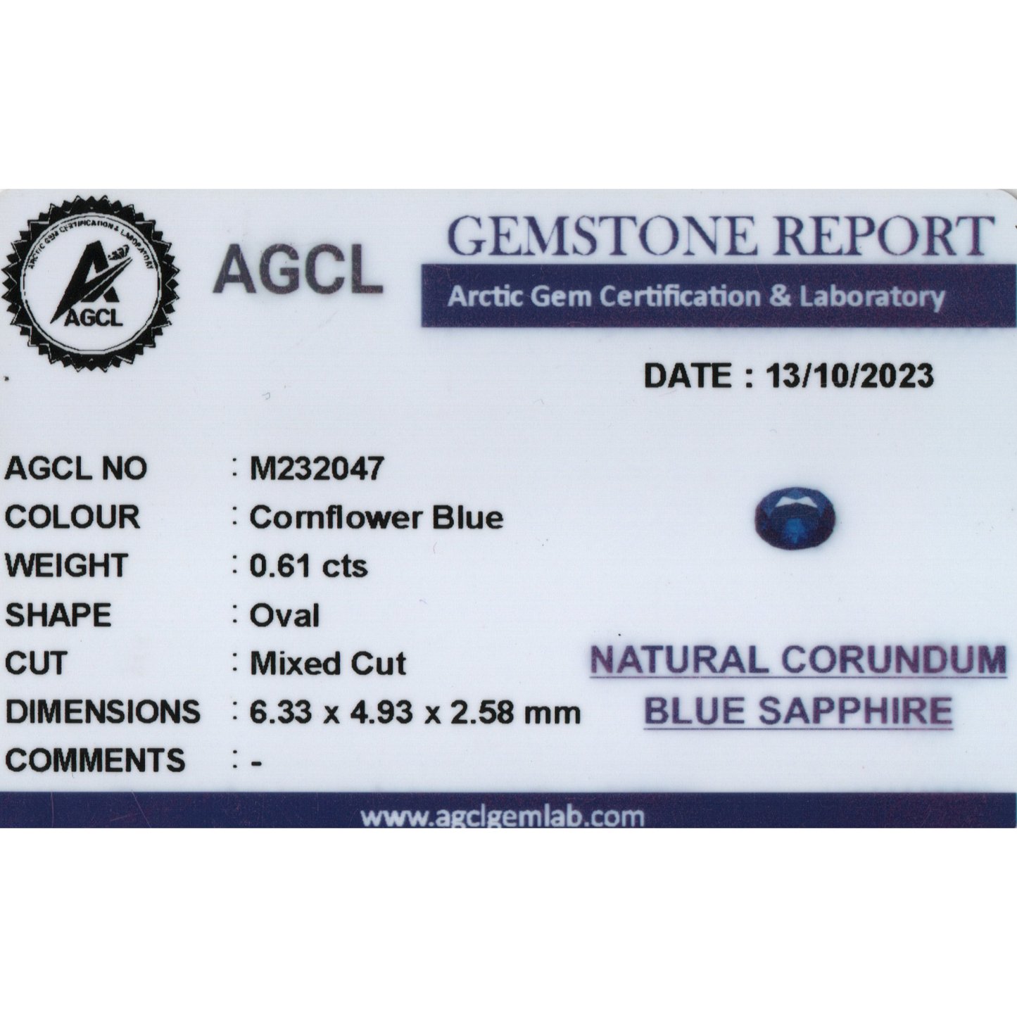 Blue Sapphire - Cornflower Blue 0.61Ct
