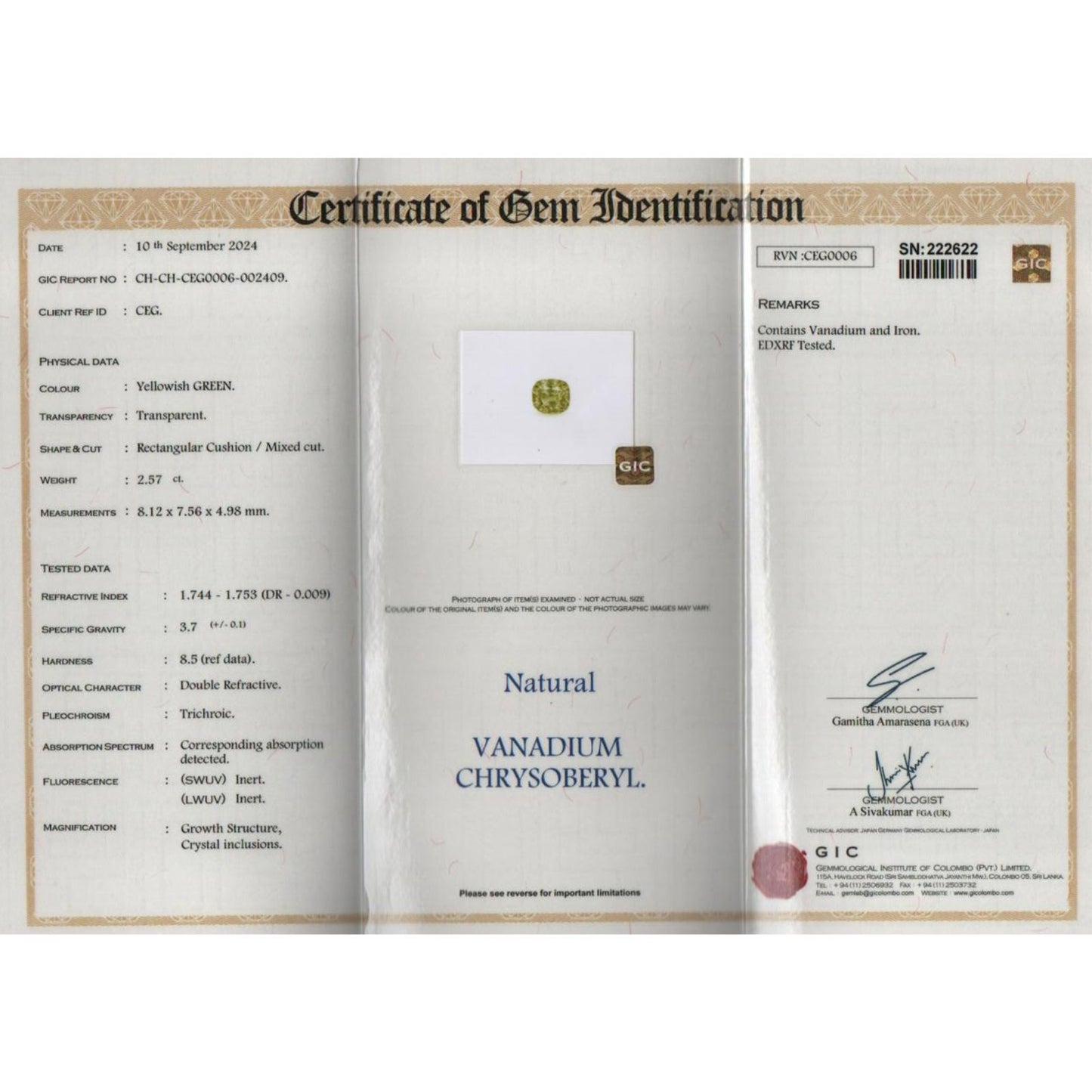Vanadium Chrysoberyl - Yellowish Green 2.57Ct