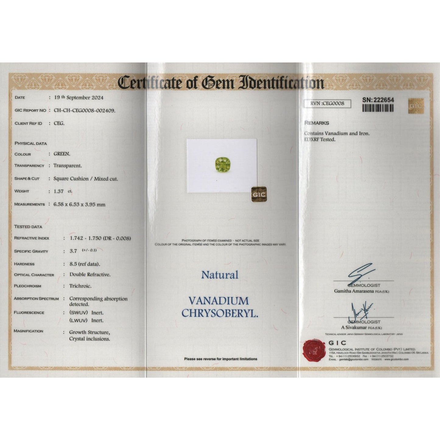 Vanadium Chrysoberyl - Green 1.37Ct
